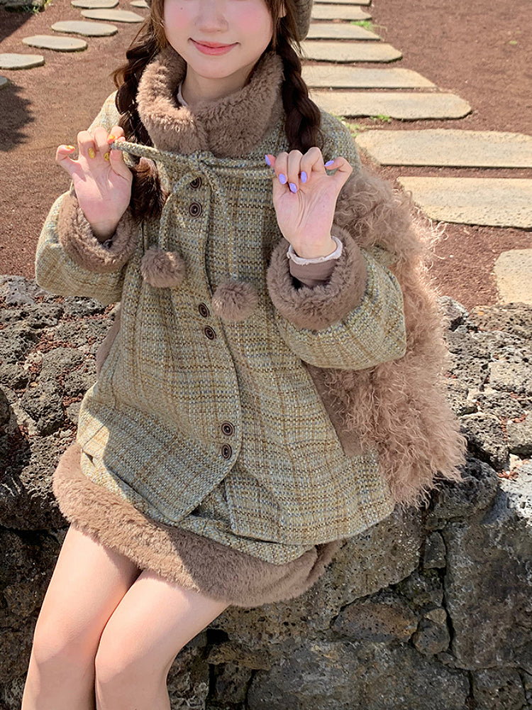 Tweed Teddy Pompom Coat & Skirt-ntbhshop
