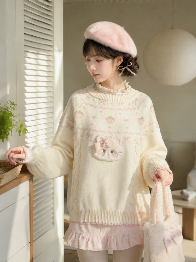 Strawberry Kitty Knit Sweater-ntbhshop