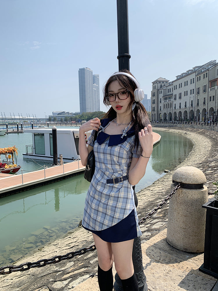 Navy Daydream Retro Plaid Dresses-ntbhshop
