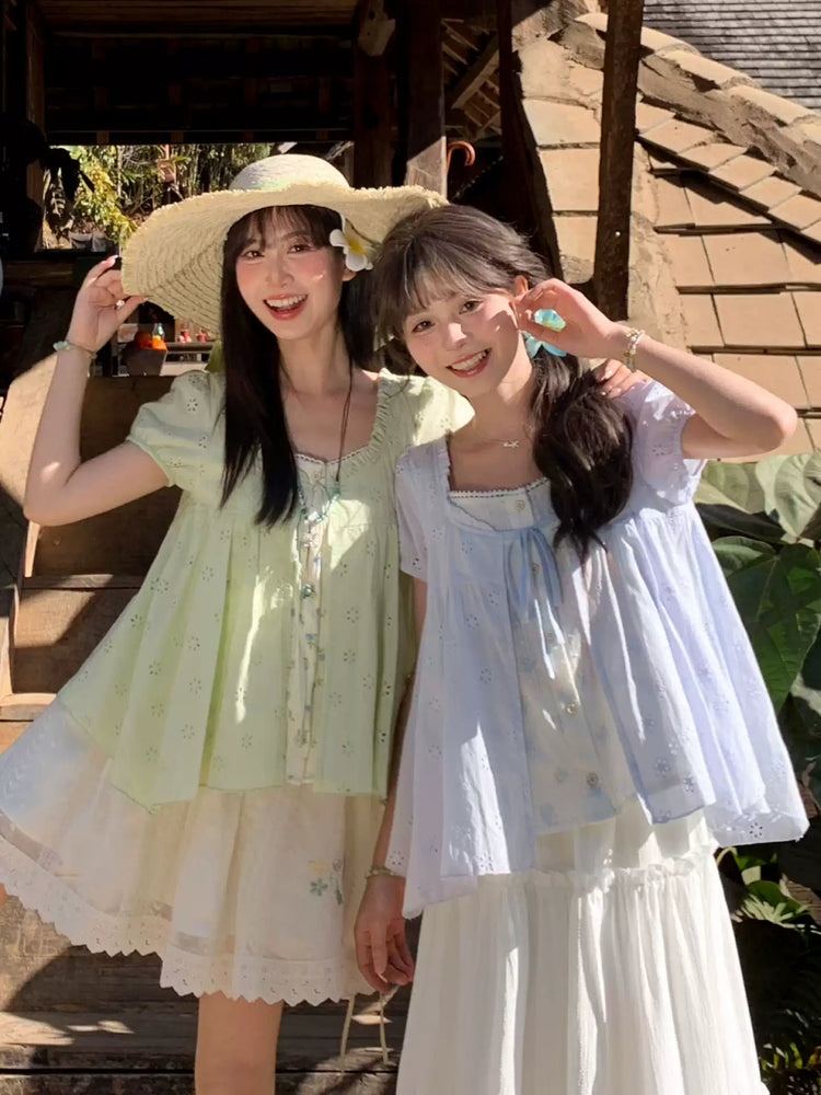 Floral Meadow Cotton Spliced Blouses-Tops-ntbhshop