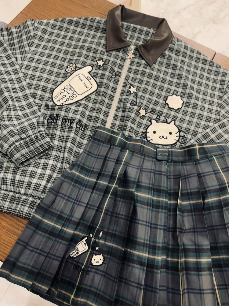 Call My Cat Leather Collar Plaid Jacket-ntbhshop