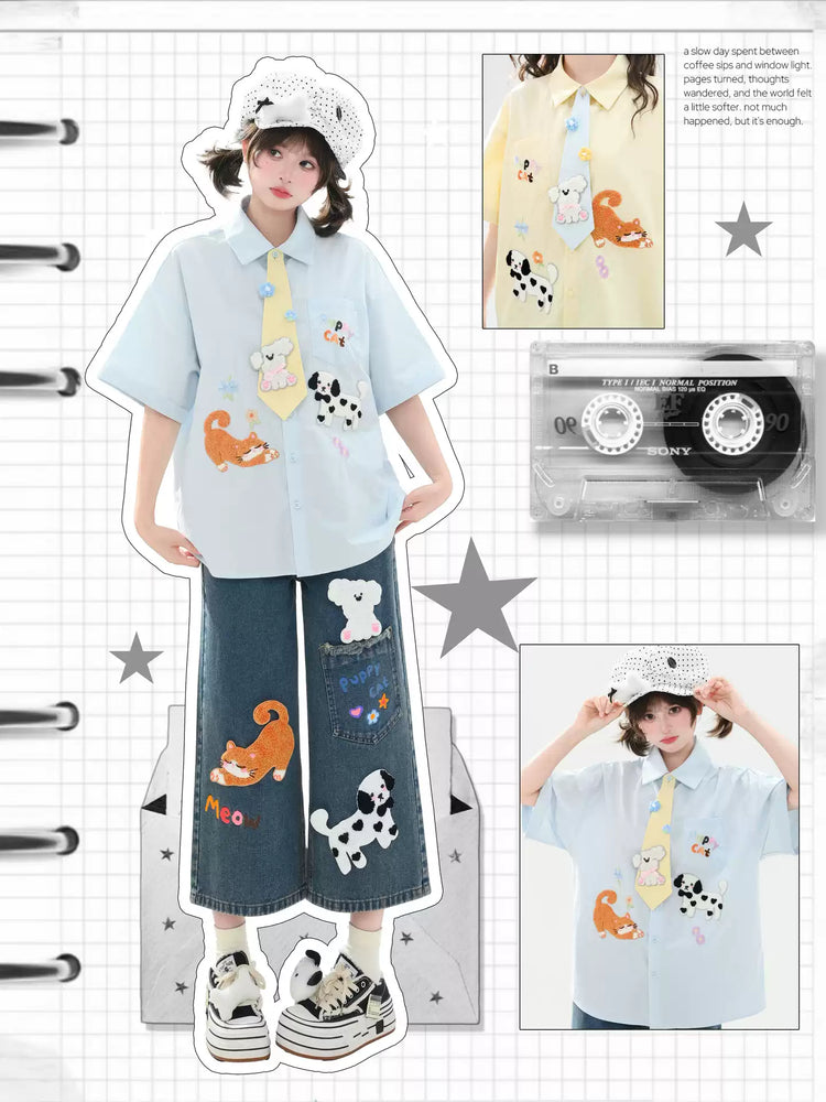 Puppy Party Cotton Tie Shirts-Tops-ntbhshop