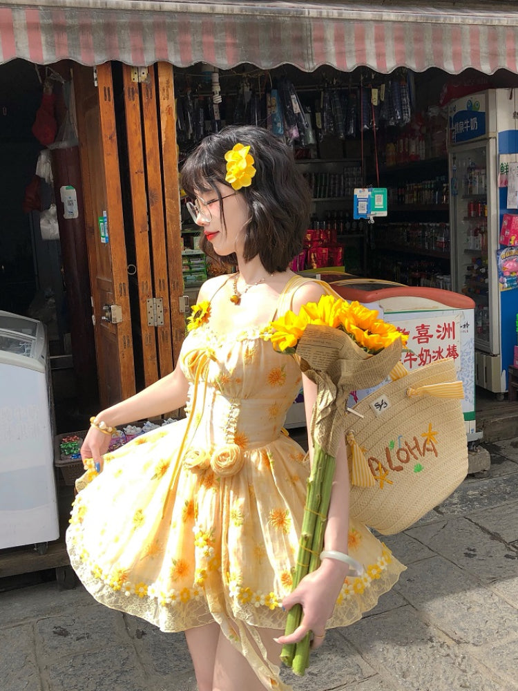 Sunflower Lace-Up Back Summer Dress-ntbhshop