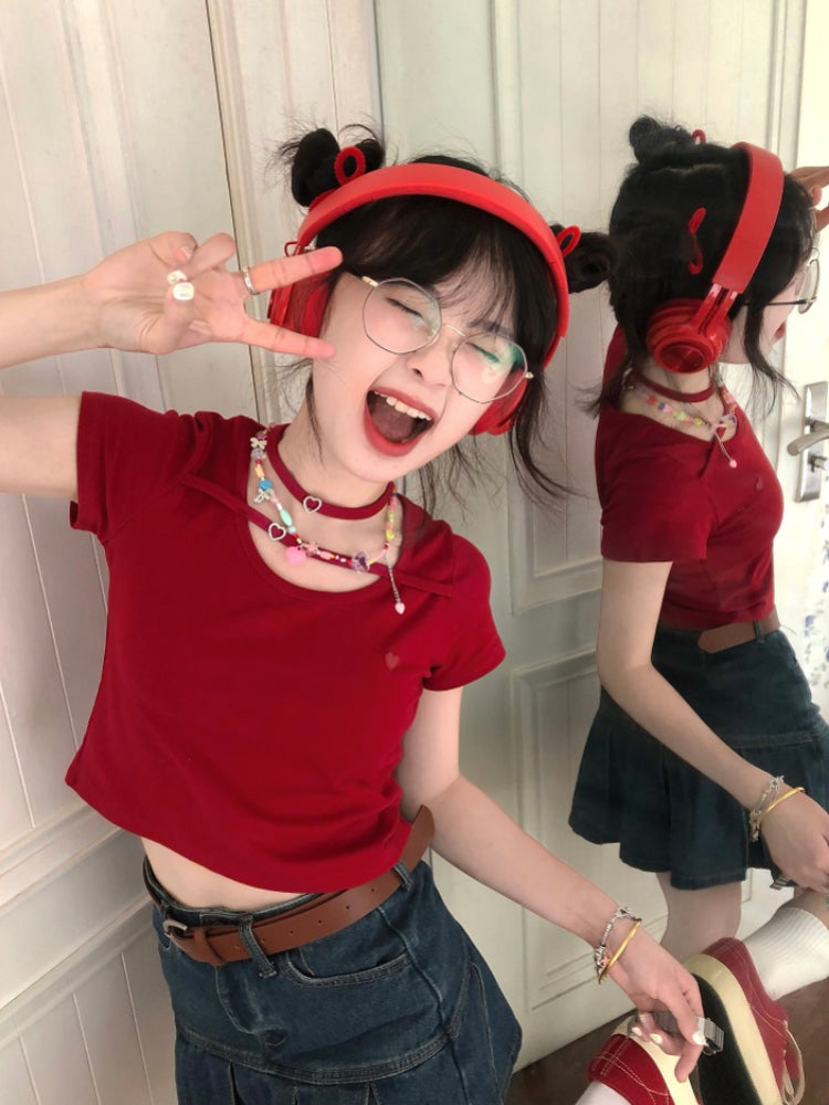 Dopamine Girl Love Necklace Crop Tops-ntbhshop