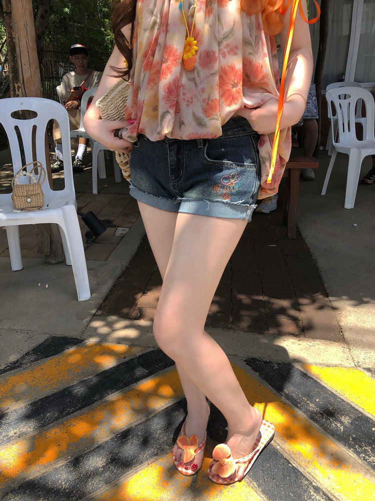 Daisy Pop Denim Shorts-Bottoms-ntbhshop