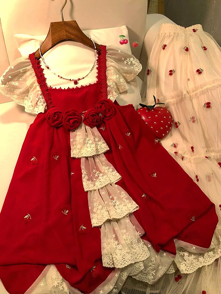 Cherry Rosette Bubble Blouses-Tops-ntbhshop
