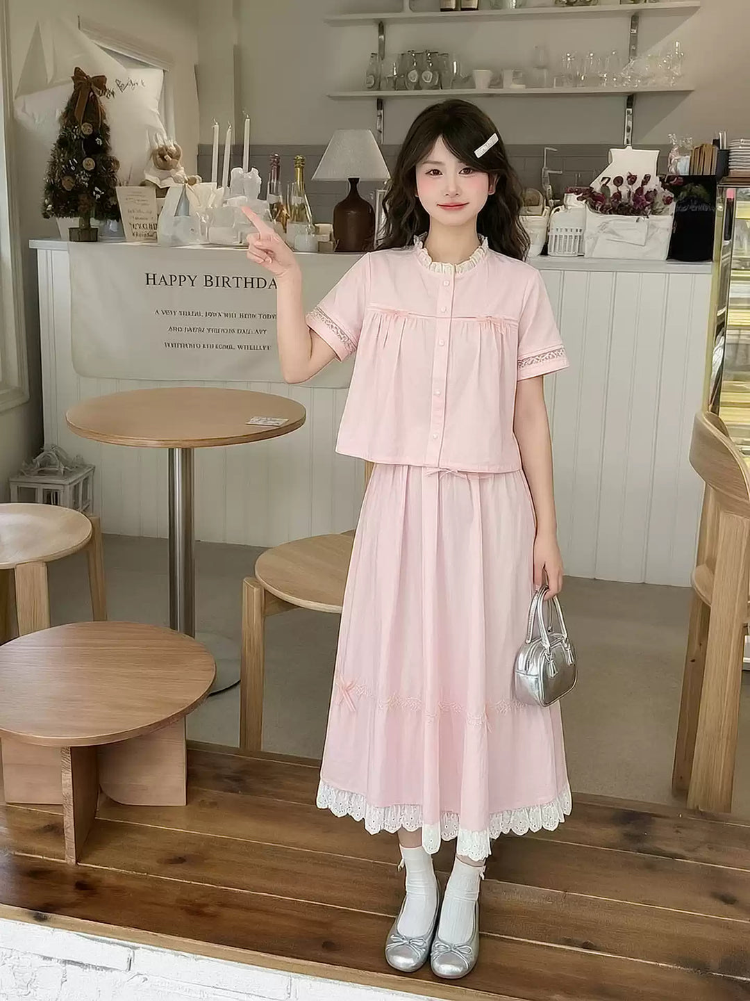 Rose Milk Cotton Blouse & Skirt-Sets-ntbhshop