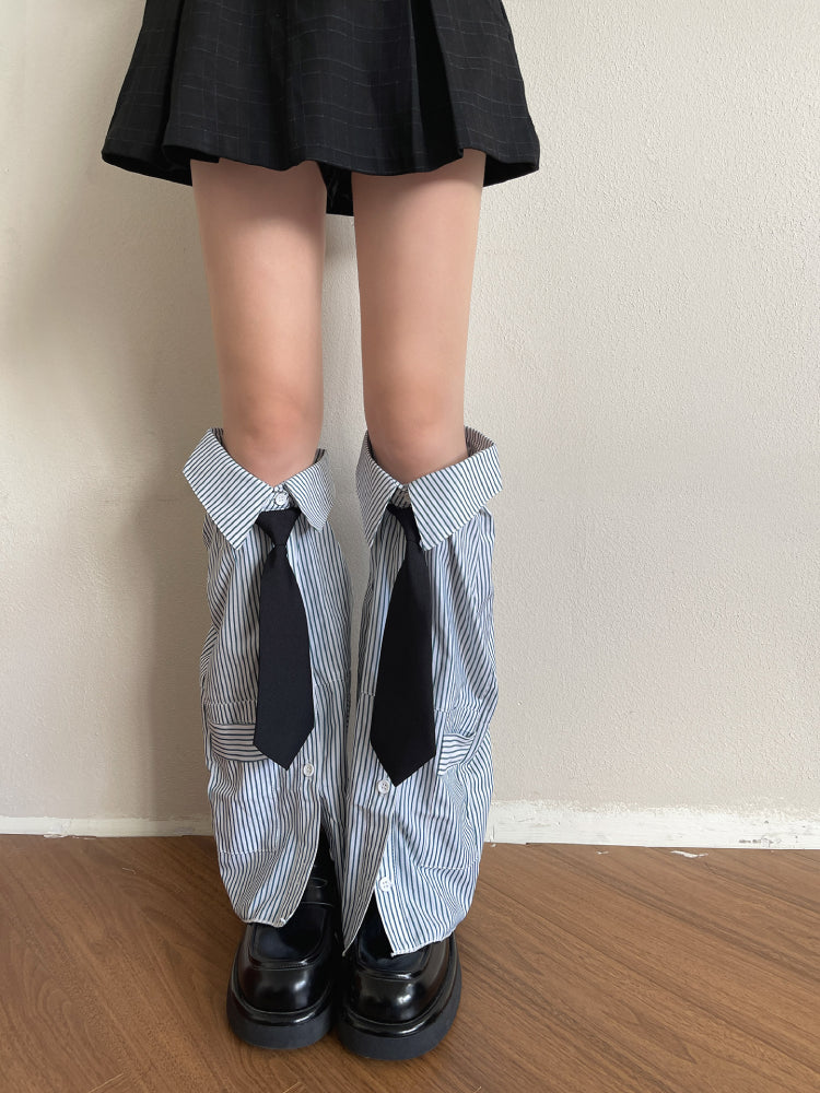 Striped Tie Collar Button Up Leg Sleeves-ntbhshop