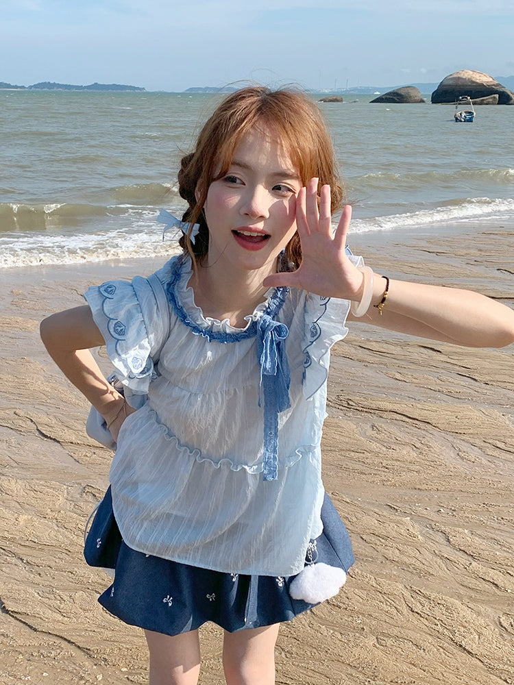 Ocean Whisper Fairy Sleeve Blouse, Dress & Denim Skirt-ntbhshop