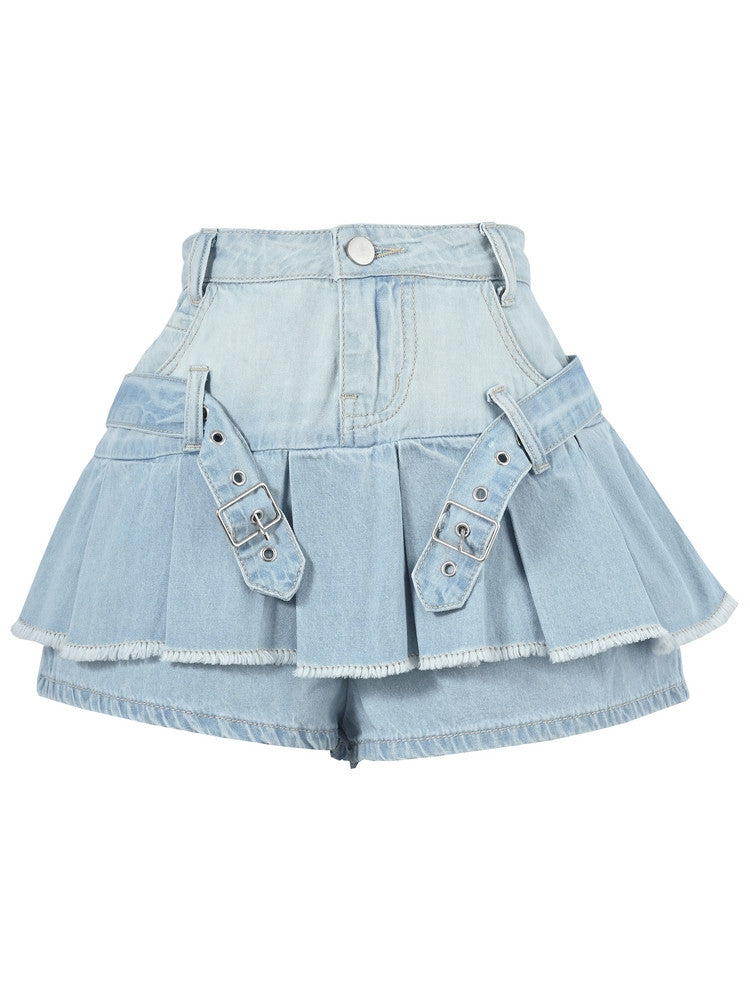 Orbit Buckle Denim Skort-Bottoms-ntbhshop