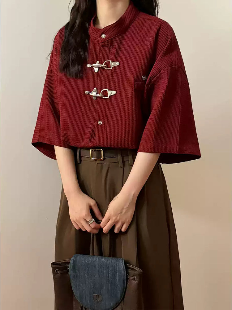 Crimson Toggle Waffle Shirts-Tops-ntbhshop