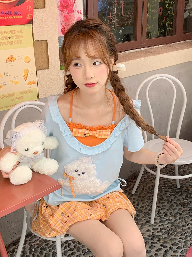 Pumpkin Pop Contrast Halter Tee & Plaid Bubble Skirt-ntbhshop