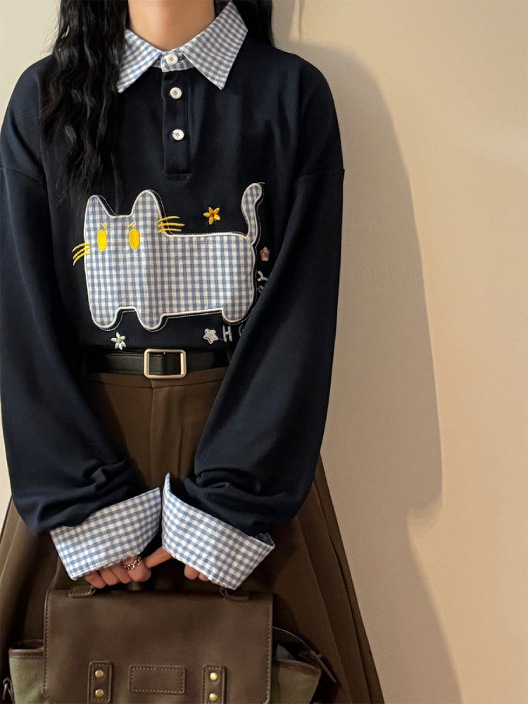 Plaid Whisker Patch Polo Sweatshirt-ntbhshop