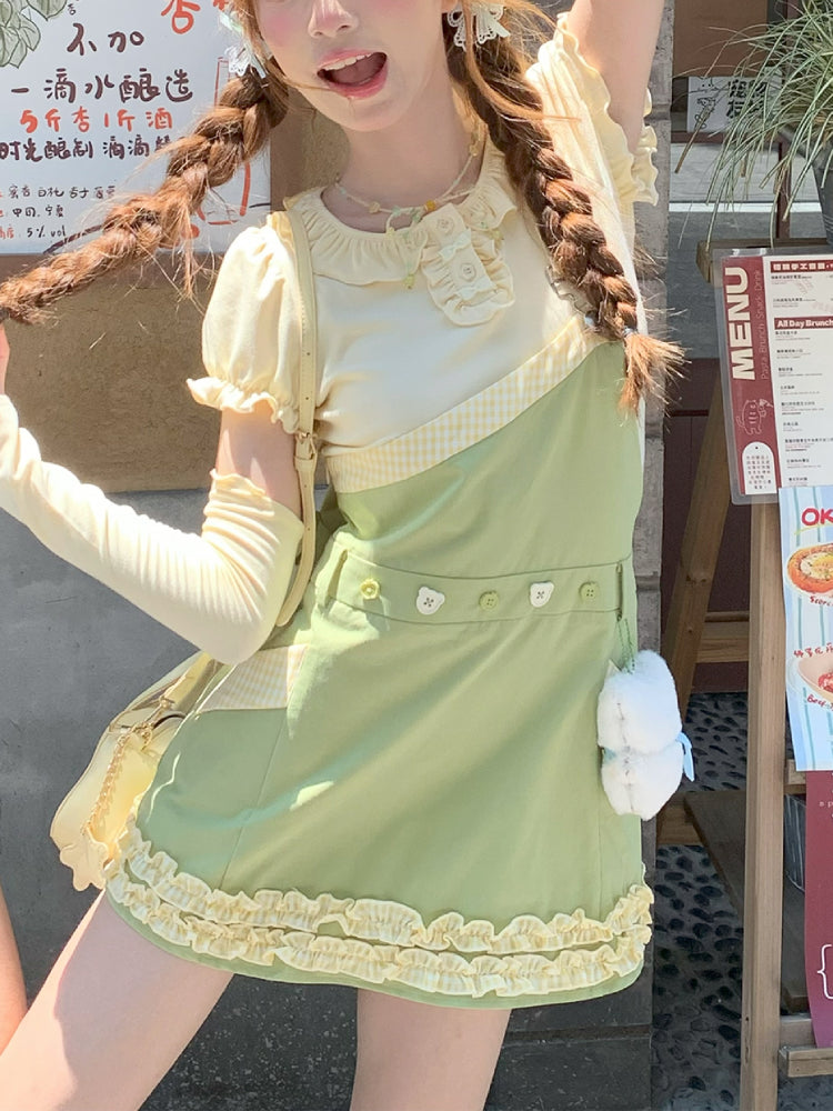 Green Apple Puff Sleeve Blouse & Overall Skirt-ntbhshop