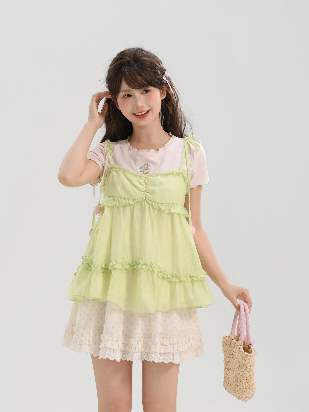 Tulip Veil Ribbon Babydoll Blouse-Tops-ntbhshop