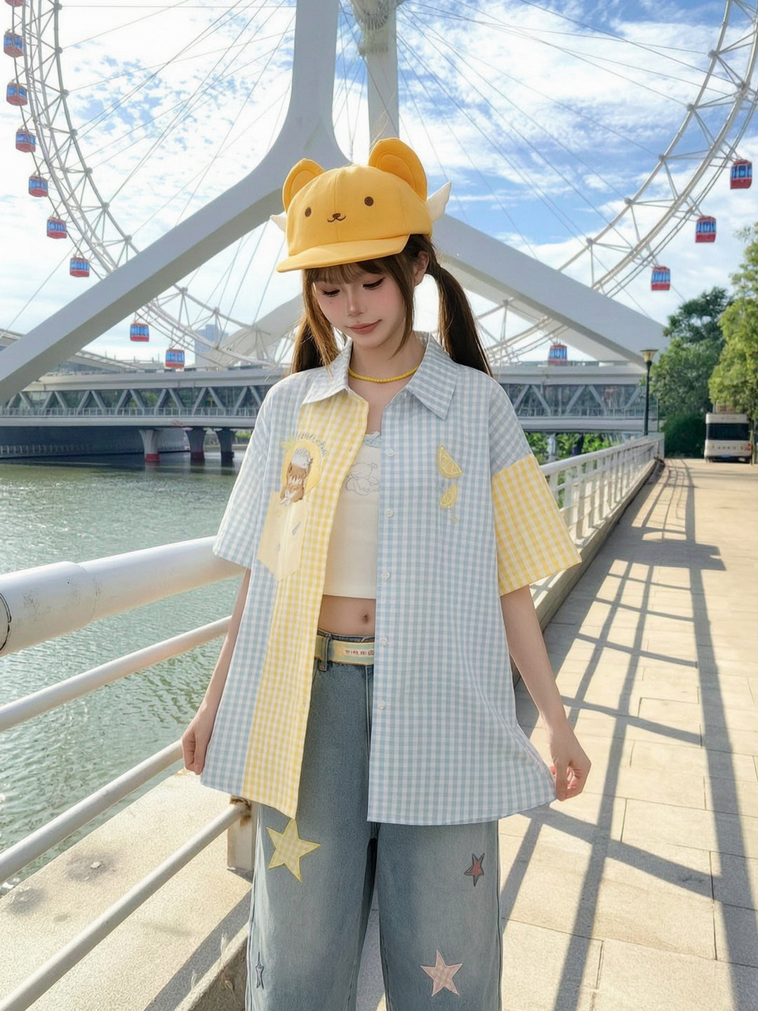 Lemonade Bear Plaid Shirt-Tops-ntbhshop