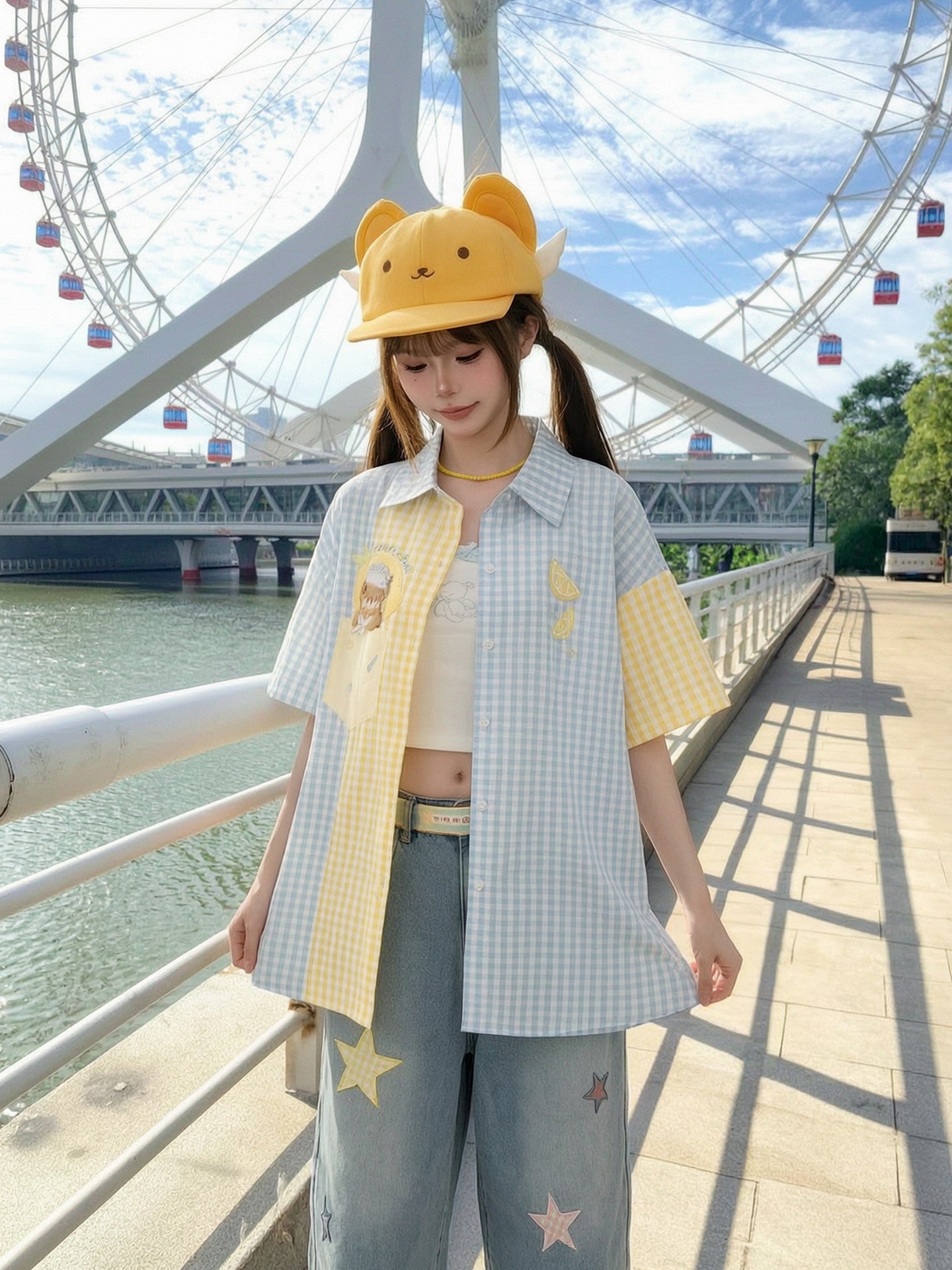 Lemonade Bear Plaid Shirt-Tops-ntbhshop