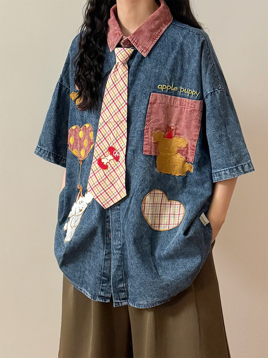 Apple Patchwork Denim Tie Shirts-Tops-ntbhshop