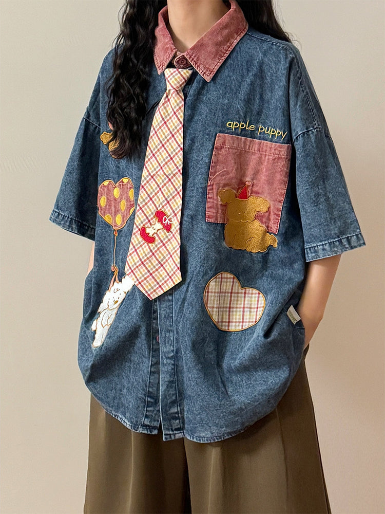 Apple Patchwork Denim Tie Shirts-Tops-ntbhshop