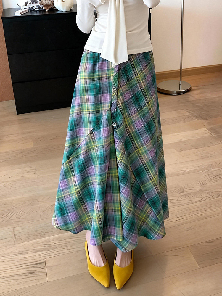 Mint Meadow Plaid Midi Skirt-Bottoms-ntbhshop