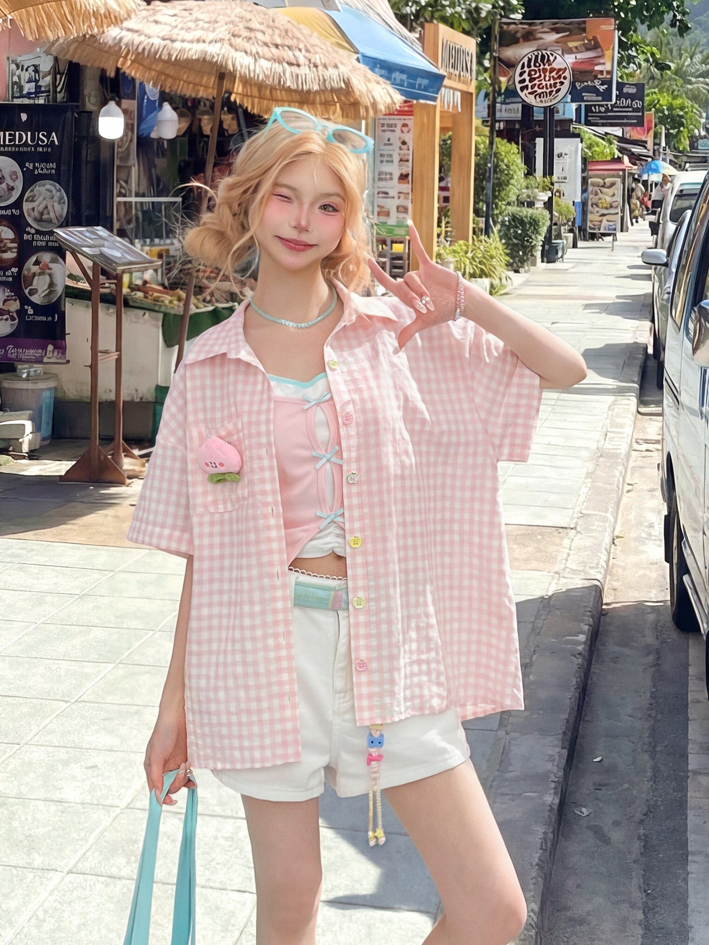 Peachy Pocket Gingham Shirt-Tops-ntbhshop
