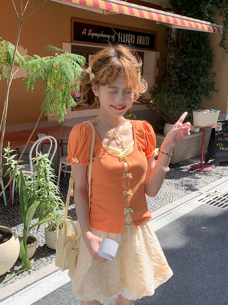 Citrus Pop Ribbed Puff Top & Bubble Texture Skirt-ntbhshop