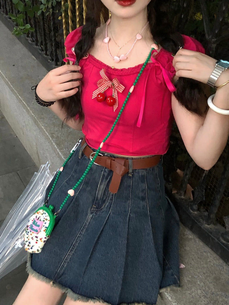Sweet Dopamine Puff Sleeve Cherry Bow Crop Tops-ntbhshop