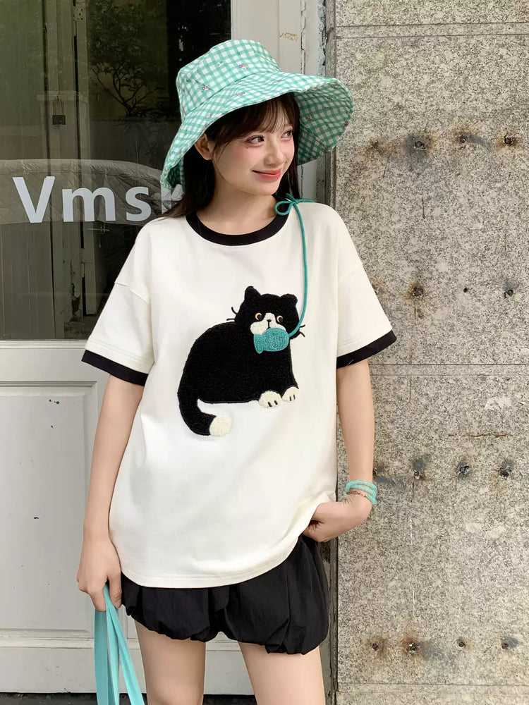 Milk Cat Ribbon Tee-Tops-ntbhshop