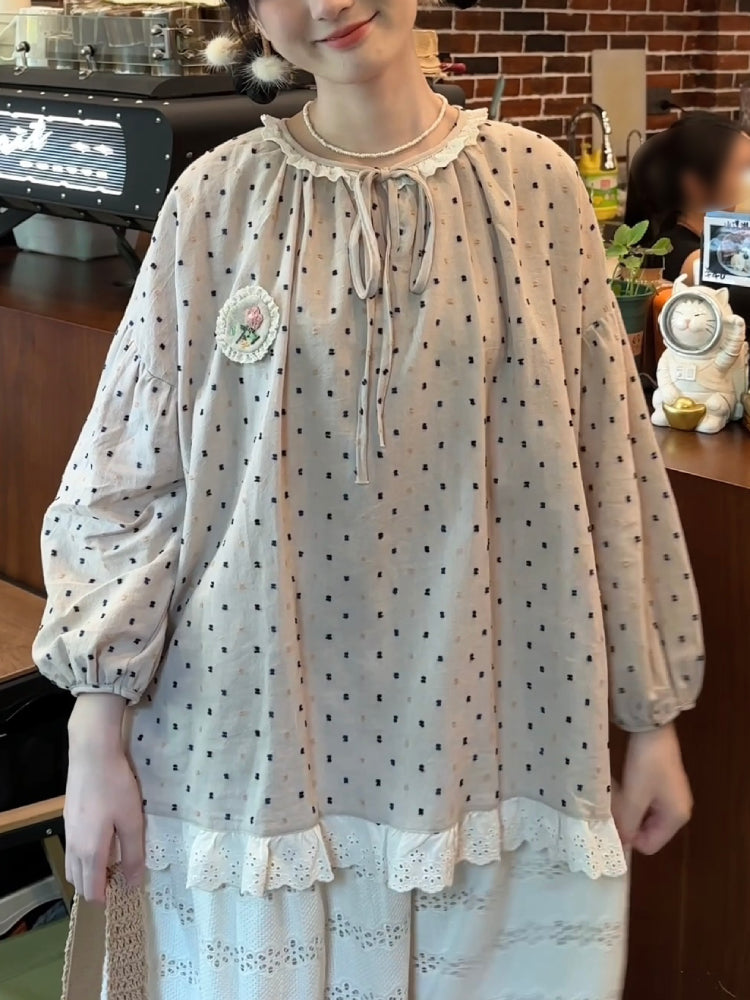 Tea House Dot Lace Collar Blouse-ntbhshop