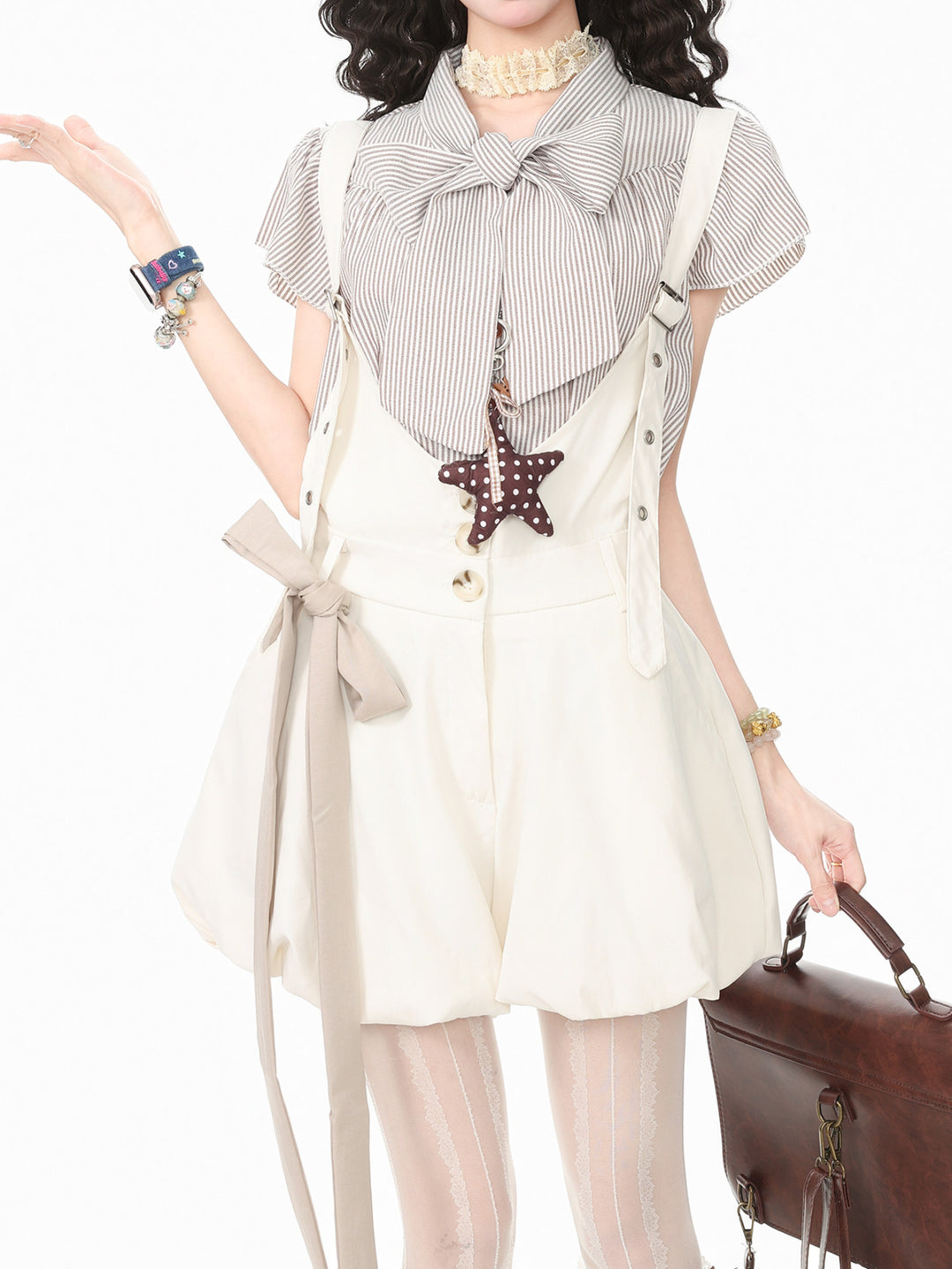 Vanilla Latte Stripe Blouse & Overall Shorts-Sets-ntbhshop