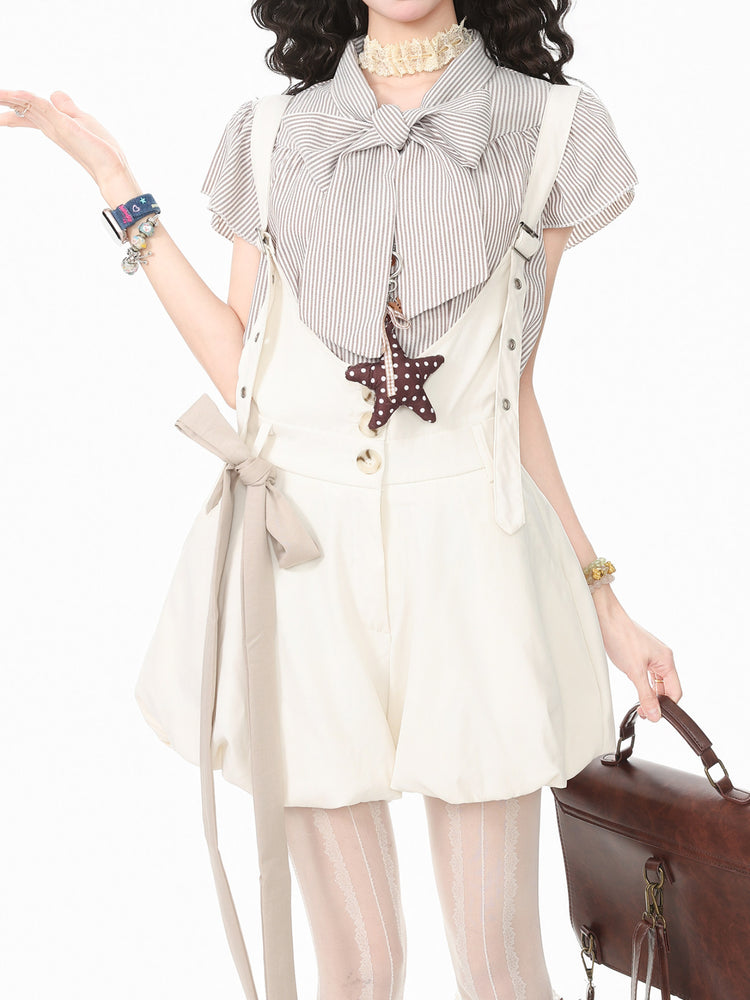 Vanilla Latte Stripe Blouse & Overall Shorts-Sets-ntbhshop