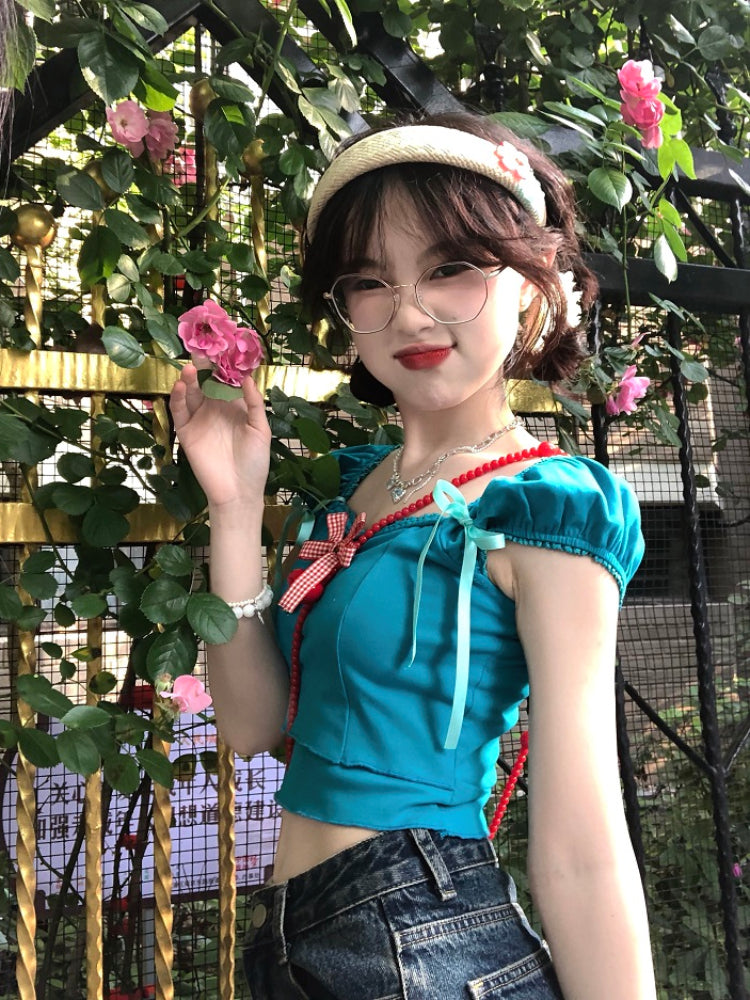 Sweet Dopamine Puff Sleeve Cherry Bow Crop Tops-ntbhshop