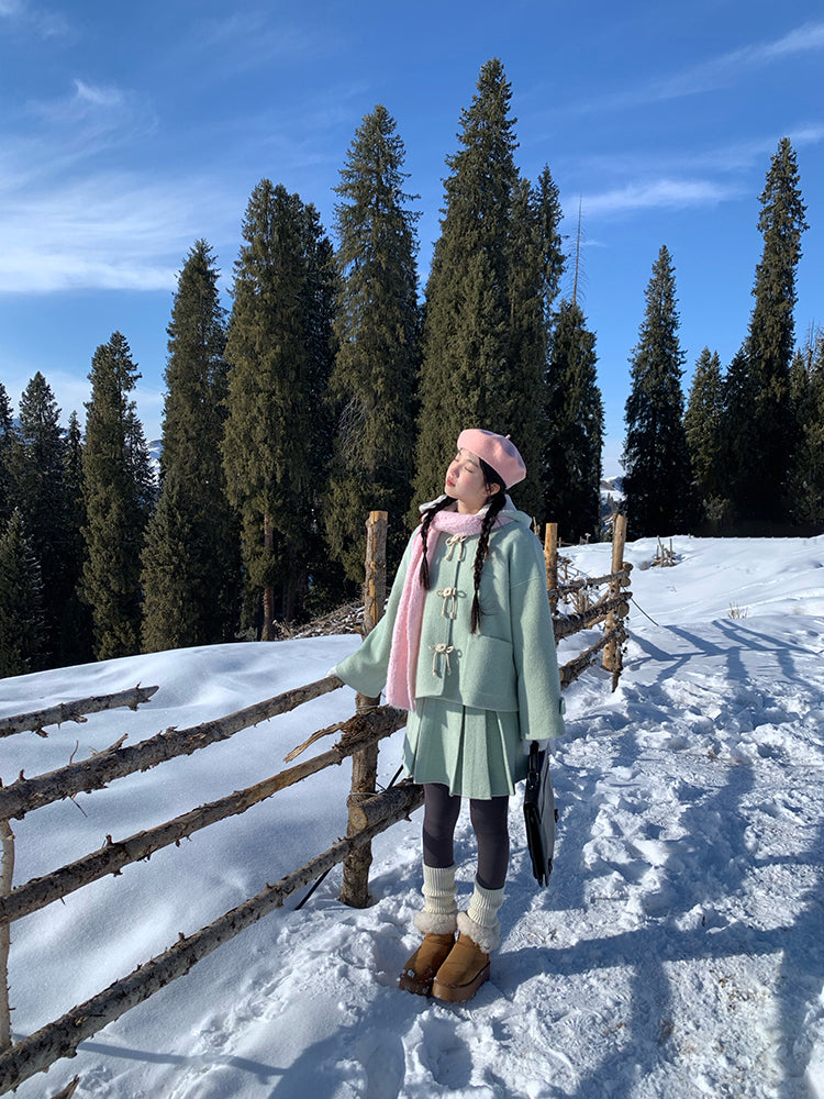 Mint Cloud Woolen Jacket & Pleated Skirt-ntbhshop