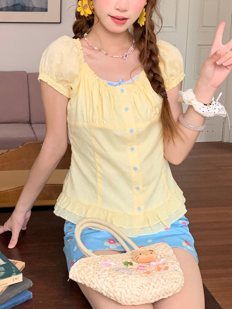 Lemonade Puff Sleeve Blouse & Mini Skirt-ntbhshop