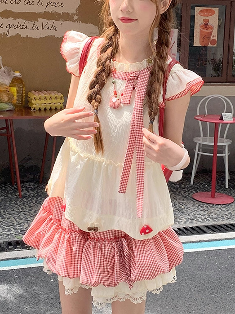 Mushroom Homie Fairy Sleeve Blouse & Plaid Puff Skirt-ntbhshop