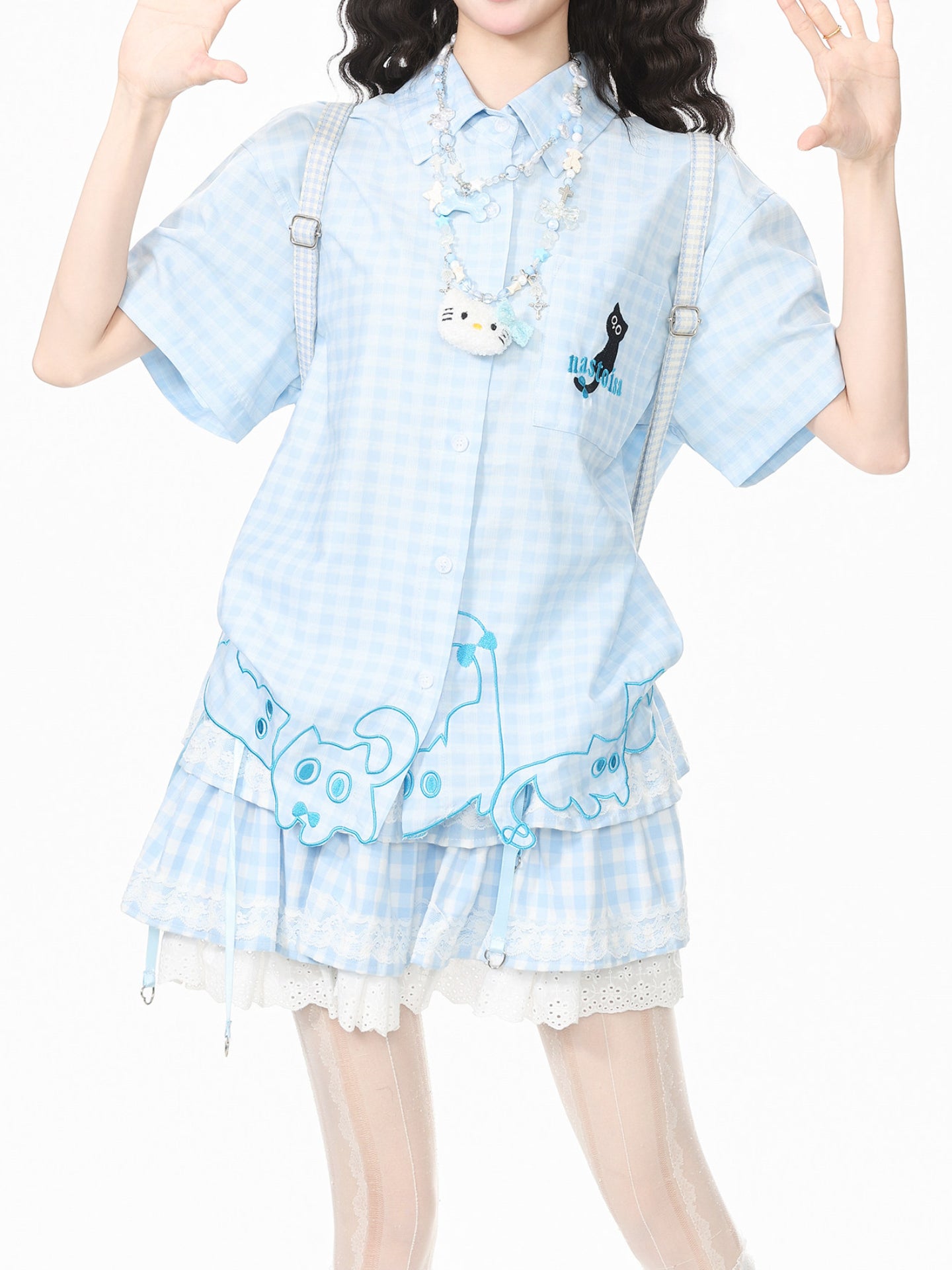Whimsy Kitty Gingham Shirts-Tops-ntbhshop