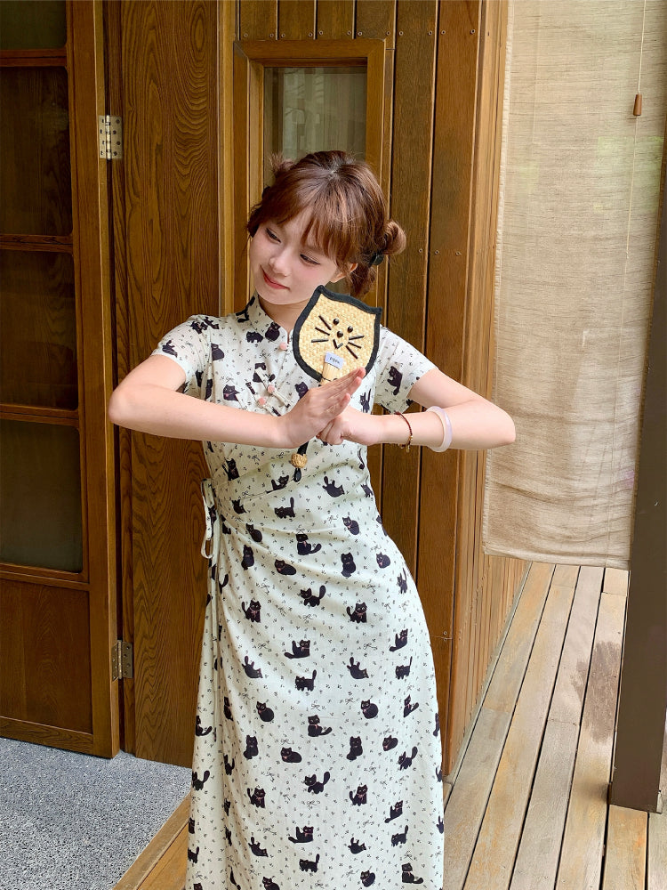 Black Cat Bow Cheongsam Dress-ntbhshop