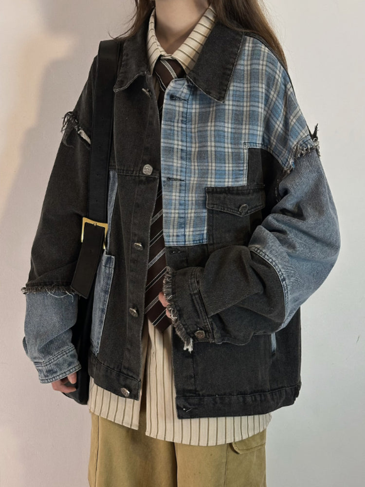 Plaid Clash Denim Patch Jacket-ntbhshop
