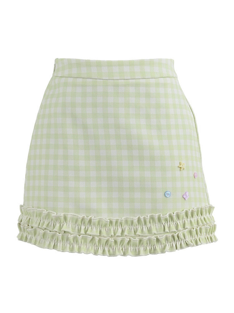 Matcha Gingham Ruffle Skirt-Bottoms-ntbhshop