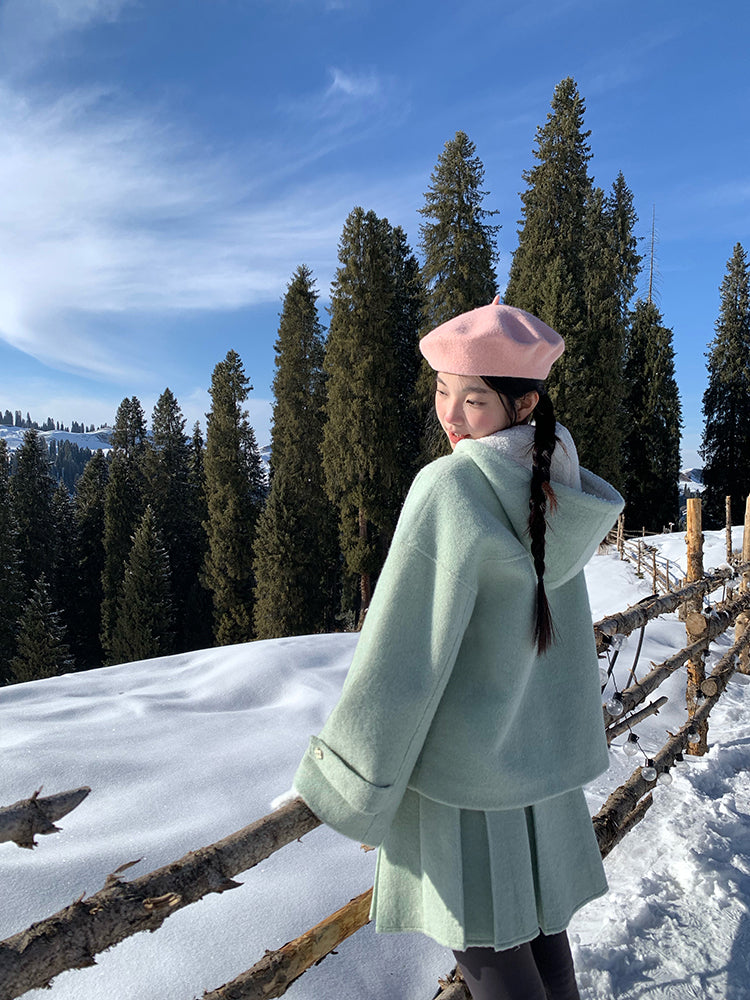 Mint Cloud Woolen Jacket & Pleated Skirt-ntbhshop