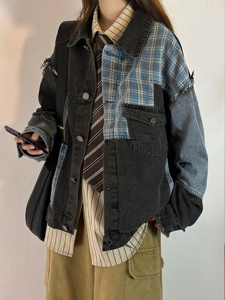 Plaid Clash Denim Patch Jacket-ntbhshop