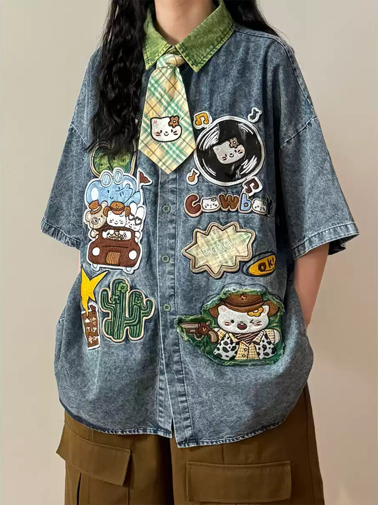 Kitty Patch Denim Tie Shirts-Tops-ntbhshop