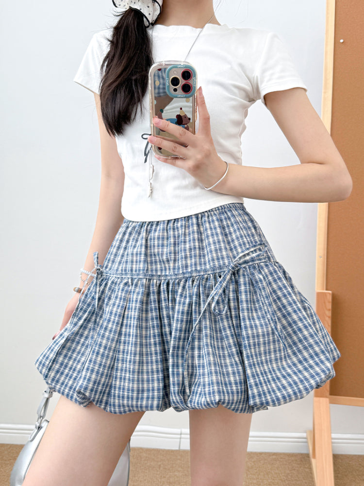 Ivy Bloom Plaid Bow Bubble Skirts-ntbhshop