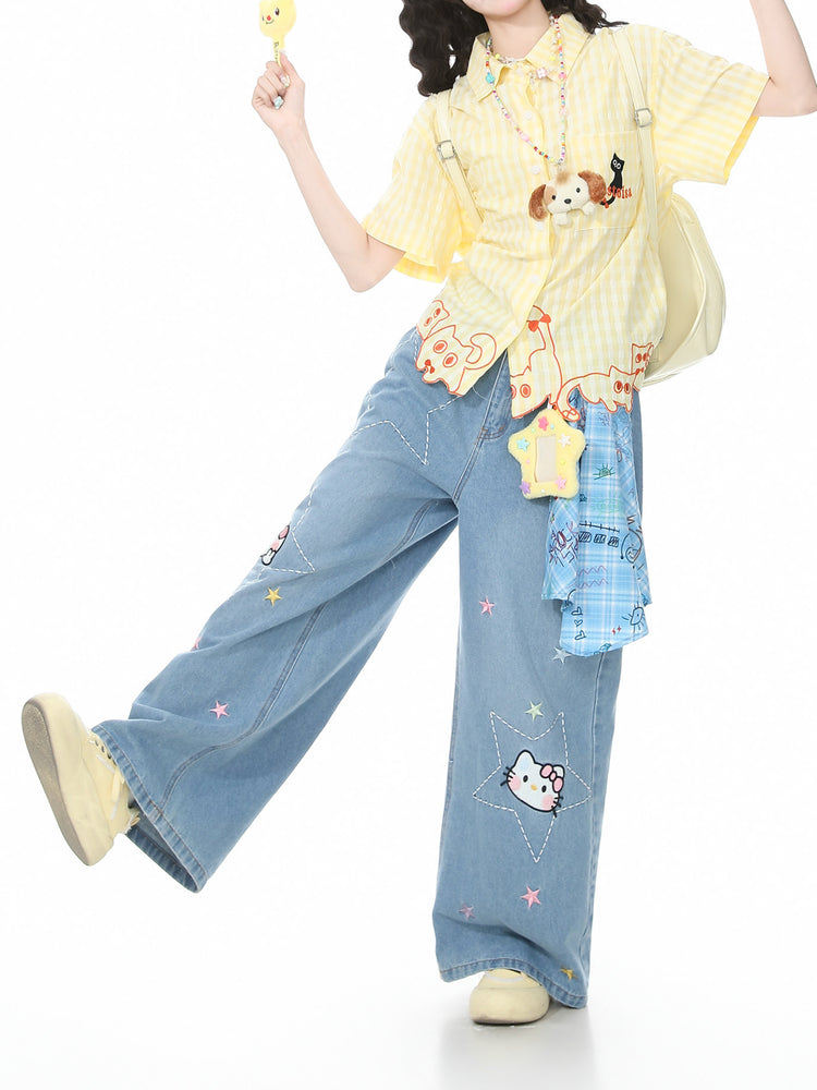Whimsy Kitty Gingham Shirts-Tops-ntbhshop