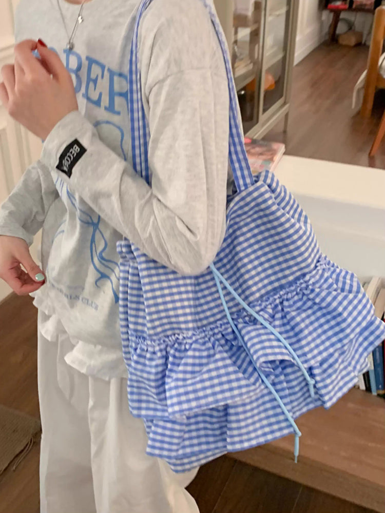 Cloud Check Gingham Ruffle Tote Bags-ntbhshop
