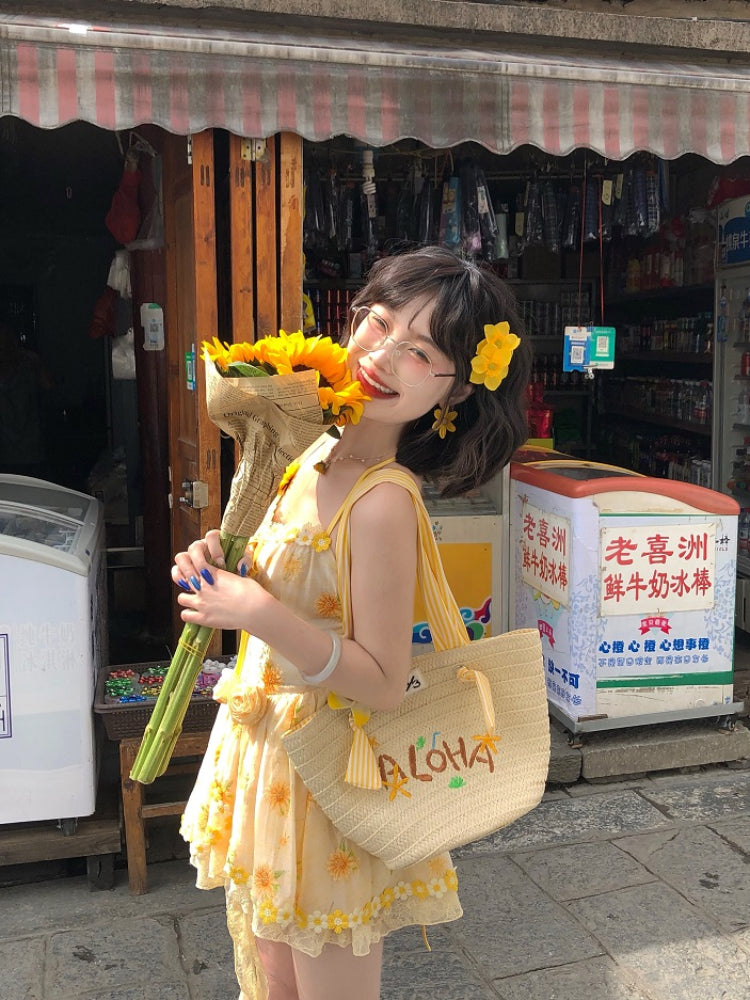 Sunflower Lace-Up Back Summer Dress-ntbhshop