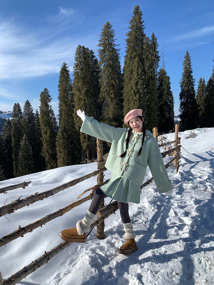 Mint Cloud Woolen Jacket & Pleated Skirt-ntbhshop