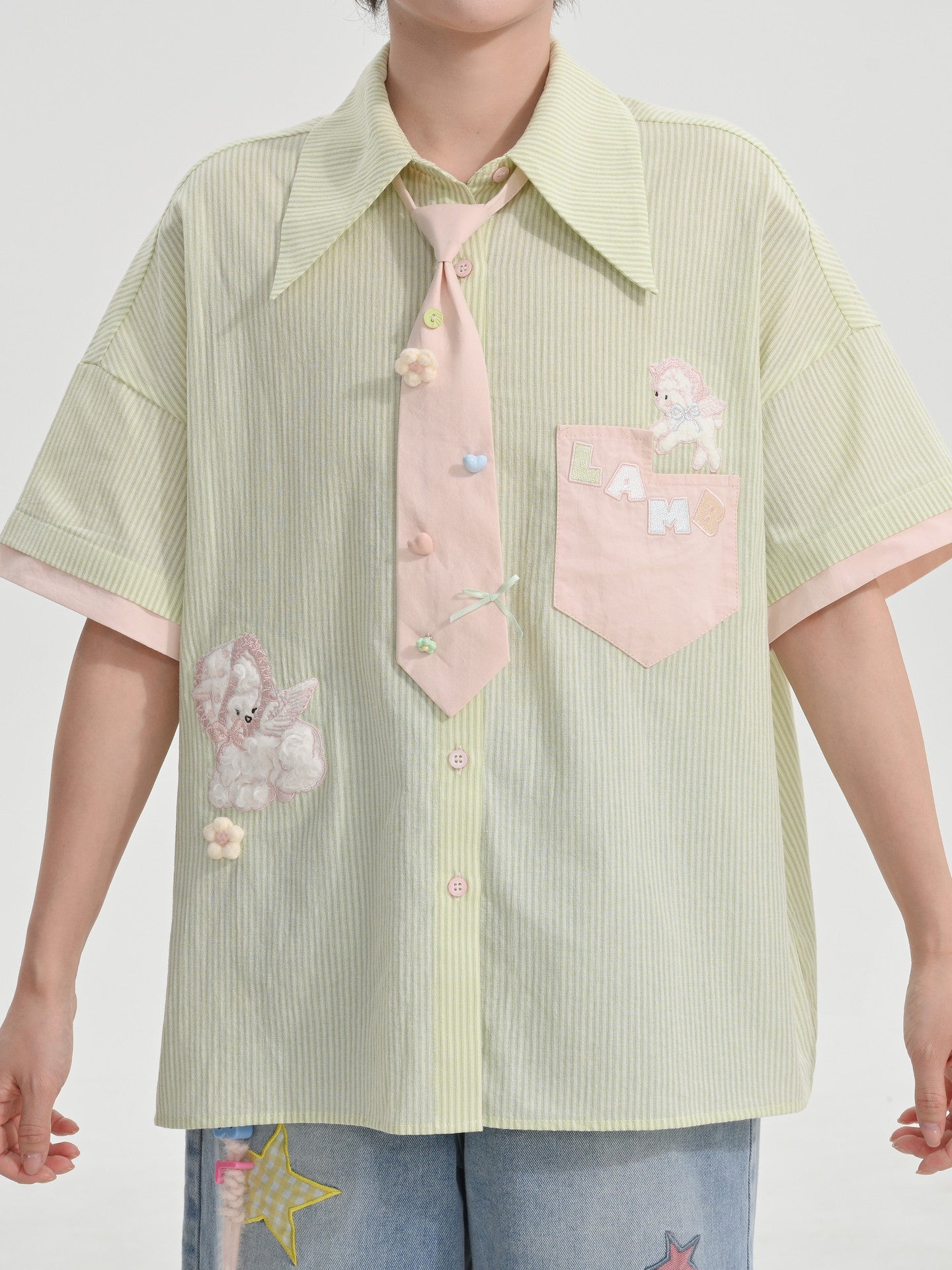 Matcha Lambie Stripe Tie Shirt-Tops-ntbhshop