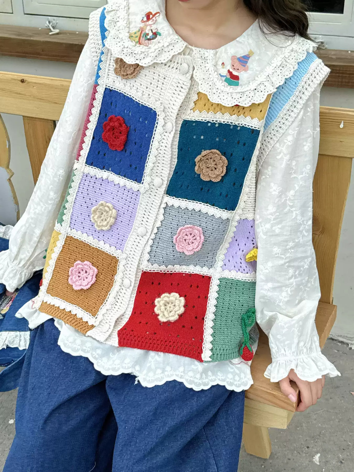 Granny Flower Patchwork Knit Vest-Outerwear-ntbhshop
