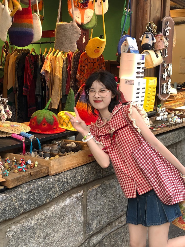 Cherry Pop Fairy Sleeve Gingham Blouses-ntbhshop